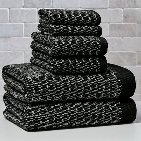 90% COTTON/10% VISCOSE BATH SHEET Size: 6-Piece Towel Set.  Color: Black. Black Bath Towels Bathroom, Towel Above Toilet, Black Gold And Gray Bathroom, Black Rose Gold Bathroom, Bathroom Men Decor, Black And White Bathroom Towel Ideas, Guys Bathroom Ideas Decor, House Gifts For Men, Black Bathroom Decor Apartment