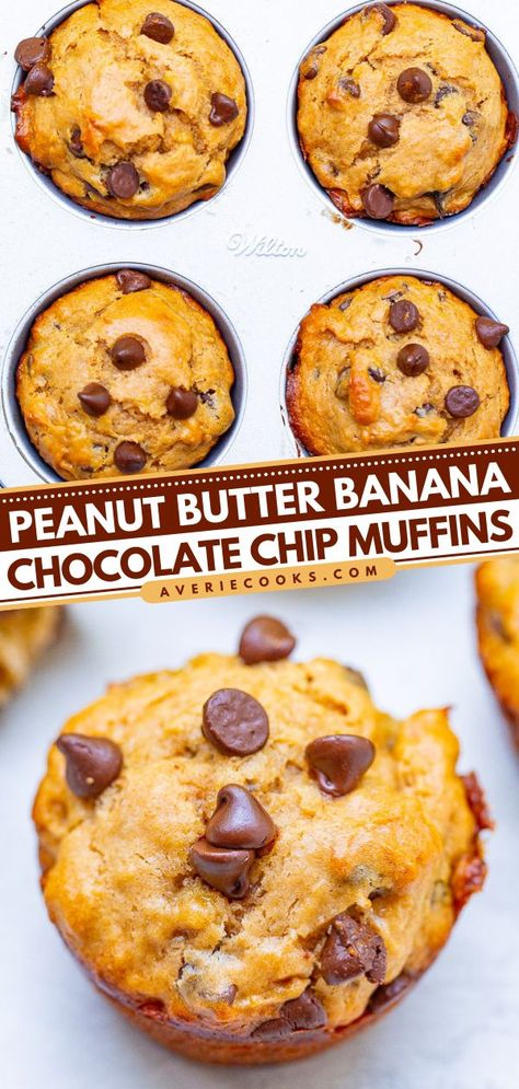 Peanut Butter Banana Chocolate Chip Muffins, holiday brunch, christmas morning Banana Muffins Chocolate Chip, Banana Peanut Butter Muffins, Peanut Butter Chocolate Chip Muffins, Ble Recipes, Cleaning Eating, Banana And Chocolate, Peanut Butter Muffins, Peanut Butter Banana Muffins, Simple Muffin Recipe