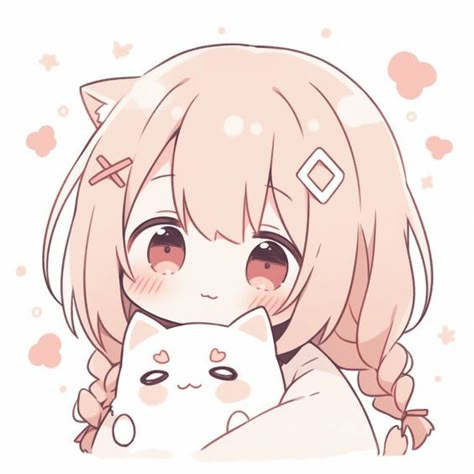 Cute Anime Art Aesthetic, Cute Cat Art Cartoon, Cute Pictures For Stickers, Aesthetic Cat Cartoon, Chibi Profile Pic, Anime With Cat, Cute White Wallpaper, Cute Kawaii Pfp, Cute Cat Anime