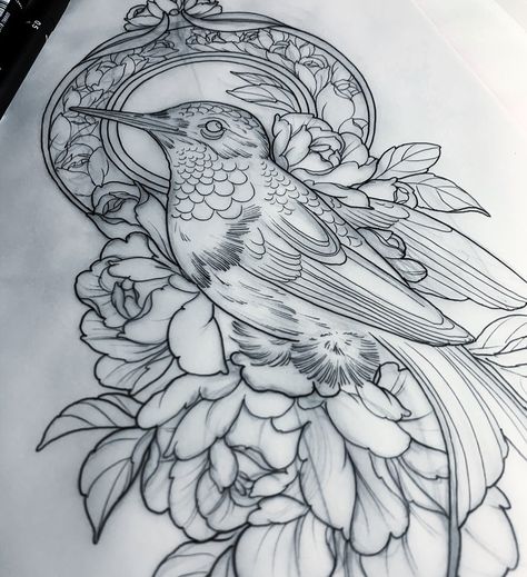 @adear_tattoo: "adeartattoo@outlook.com for bookings. Thanks #tattoo #tattoos #tattooist #tattooflash #tattooartist…" Hummingbird Tattoo Neo Traditional, Hummingbird Reference, Paintbrush Tattoo, Hummingbird Illustration, Hummingbird Drawing, Flor Tattoo, Wutang Clan, Mastectomy Tattoo, Neo Trad Tattoo