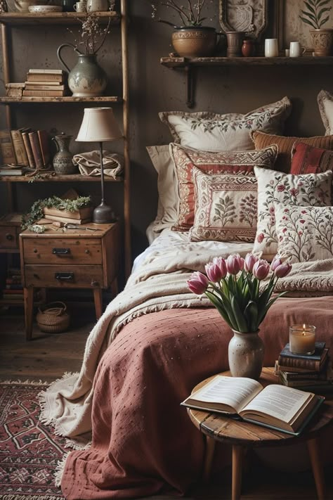 Jungle Glam Bedroom, Cozy Bed Corner, Cozy Warm Bedroom Aesthetic, Dark Cozy Bedroom Ideas Romantic, Cozy Feminine Bedroom, Dark Cozy Bedroom Ideas, Moody Romantic Bedroom, Moody Cottagecore, Dark Cozy Bedroom