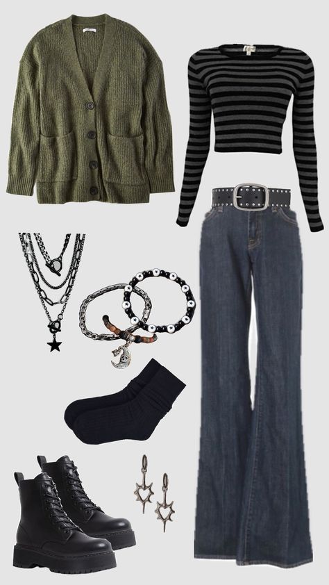 #ootd #fyp #grunge #inspo #pinterest #school #aesthetic #grungecore #outfit #aestheticoutfit #schoolfit Grunge Outfits With Flare Jeans, Masculine Grunge Outfits For Women, Grunge Outfit Inspo Girl, Grunge 90s Outfits 1990s, Simple Grunge Outfits For School, Soft Rock Aesthetic Outfits, 90s Grunge Winter Outfits, Grunge Outfit Moodboard, Outfit Ideas For School Grunge