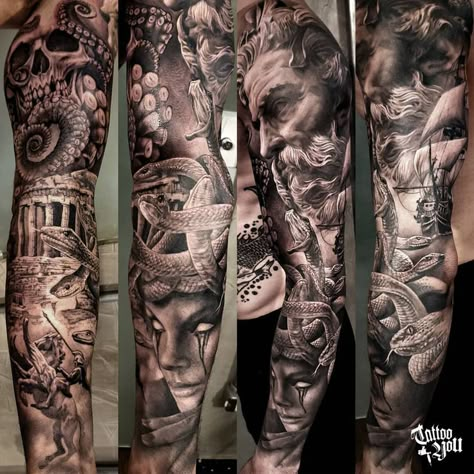 Sleeve Tattoos Mythology, Greek Tattoo Sleeves, Greek Mythology Tattoos Leg Sleeve Ideas, Greek Mythology Leg Sleeve Men, Men’s Greek Tattoo Sleeve, Mens Hamstring Tattoo, Leg Sleeve Design Tattoo, Greek Gods Leg Sleeve Tattoo, Greek Mythology Sleeve Tattoo Men