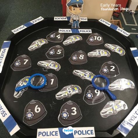 Explore the topic of police with this fun number tuff tray. To download the resources used by @tufftrayobsessed click the pin. People Who Help Us Activities, Number Tuff Tray, Community Helpers Firefighters, Community Helpers Police, Police Week Ideas, Police Crafts, Community Helpers Activities, Maths Eyfs, Preschool Creative Art