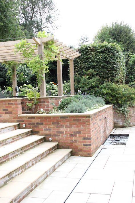 Courtyard Pond, 1930s Garden, Terraced Patio Ideas, Meadow House, 1930s Semi, Japanese Inspired Garden, Garden Design London, Terraced Garden, Country Garden Design