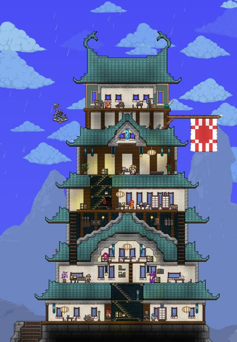 Japanese castle built by me and my friend! - Imgur Terraria House Ideas Japanese, Terraria Tower, Japanese Terraria House, Terraria Dynasty House, Terraria Japanese, Cute Terraria Builds, Japanese Tower Minecraft, Terraria Best Builds, Terraria Cool Builds