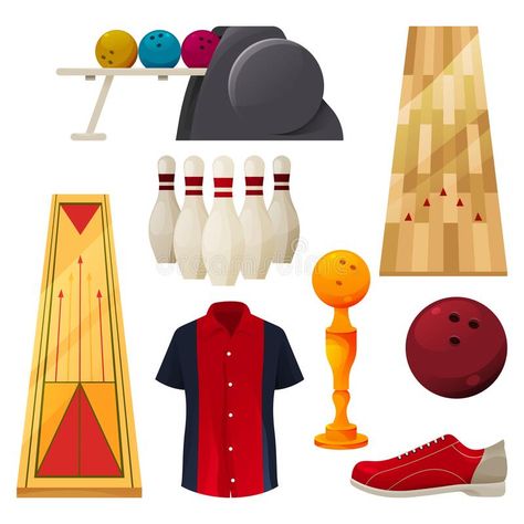 Bowling icons set, vector playing tools, equipment. Bowling equipment set, playing tools. Vector flat icons of bowling pins and ball, bowling lane, ball returner stock illustration Bowling Equipment, Bowling Lane, Flat Icons, Bowling Pins, Icon Set Vector, Sport Shirt, Flat Icon, Icon Set, Bowling