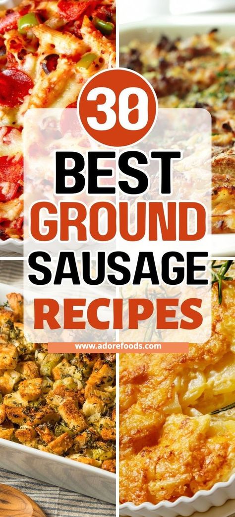 Ground sausage is a versatile ingredient that can be used to create delicious dishes. From breakfast to main dish, there are many great options featuring ground sausage (or any leftovers) that can please the whole family. Check out these great dinner ideas! Healthy Ground Sausage Recipes Dinners, Recipes Using Ground Sausage Dinners, Ground Sausage And Noodle Recipes, Hot Sausage Dinner Recipes, Spicy Pork Sausage Recipes Ground, Meals Using Sausage, Casserole With Sausage Dinners, Chicken And Ground Sausage Recipes, Best Italian Sausage Recipes