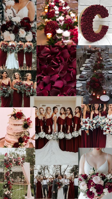 Fall Wedding Burgundy And Grey, Burgundy Colour Scheme Wedding, Dark Red Theme Wedding, Red Color Theme Wedding, White And Burgundy Wedding Dress, Burgundy Wedding Scheme, Burgundy Christmas Wedding, Fall Maroon Wedding, Blood Red Wedding Theme