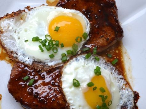 Pork chops with fried eggs and a bourbon glaze are the perfect excuse to bring out the bourbon before noon. Breakfast Pork Chops, Bourbon Glaze, 2023 Food, Glazed Pork Chops, Glazed Pork, Fried Pork Chops, Pork Glaze, Pj Party, Meat Recipe