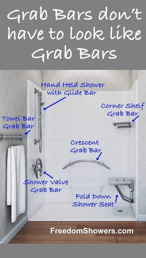 This accessible freedom shower is accessorized with various decorative grab bars. Grab Bars For Bathtub, Grab Bar Towel Rack, Shower Grab Bars Ideas, Bathtub With Grab Bars, Walk In Shower Grab Bar Placement, Where To Place Grab Bars In Showers, Decorative Shower Grab Bars, Shower Bar Placement, Walk In Shower With Hand Rails