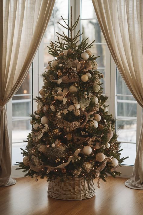 Christmas Themes and Decorations to Transform Your Tree White Cream Gold Christmas Tree, Beige And Gold Christmas Tree, Christmas Tree Ideas With Burlap, Ivory And Champagne Christmas Tree, Cream Gold Christmas Decor, Christmas Tree Decorations Neutral, Cream Colored Christmas Tree, Christmas Tree Beige And Gold, Christmas Tree Color Schemes Gold