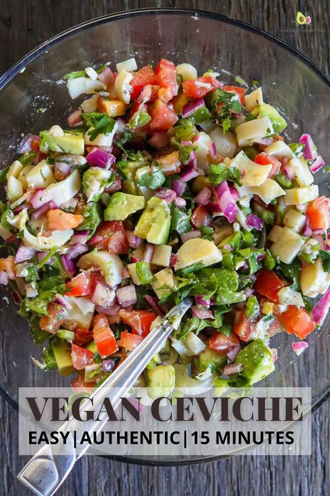 If you're looking for a refreshing appetizer or snack, this vegan ceviche recipe is for you! It tastes delicious on a hot summer day when you’re craving a light meal & is also great for family gatherings or picnics. This vegan ceviche hearts of palm recipe is done in 15 minutes and can be customized to your taste. Learn how to make this Mexican vegan ceviche recipe at home and enjoy it anytime! Serve as an appetizer with chips or a topping on a tostada or taco. Try this easy vegan appetizer! Easy Ceviche Recipe, Vegetarian Ceviche, Vegan Ceviche, Vegan Appetizer, Healthy Vegan Dinner Recipes, Ceviche Recipe, Vegan Mexican Recipes, Mexican Dish, Hearts Of Palm