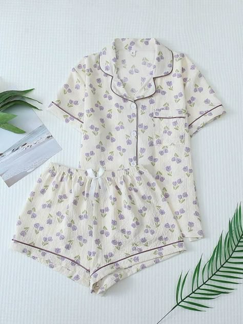 2pcs/Set Women's Purple Floral Print Pyjama Set With Contrast Trim & Bow Accented Cami Top And Shorts For Summer Lounge | SHEIN USA Shein Pajama Set, Flower Pjs, Summer Pyjamas, Purple Pajamas, Sleepwear Women Pajamas, Summer Lounge, Cute Pajama Sets, Shorts For Summer, Purple Floral Print