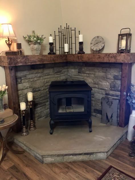 Corner Wood Stove Ideas Mantels, Update Wood Burning Stove, Mantel Around Wood Burning Stove, Wood Burning Stove Mantel Ideas, Kitchen Ideas Shiplap, Wood Stove Surround Farmhouse Wall, Slate Fire Harth, Mantel With Wood Stove, Corner Fireplace Freestanding