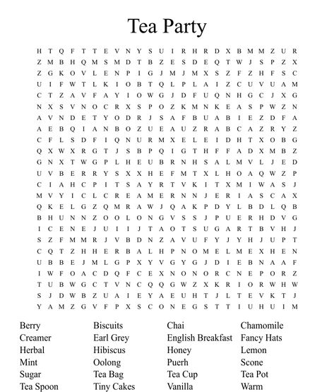 Tea Party Word Search Tea Party Word Search Free Printable, Games To Play At A Tea Party, Tea Activities, Church Ladies Tea Party, Kitchen Tea Games, Tea Games, Tea Party Activities, Tea Party Menu, Tea Party Games