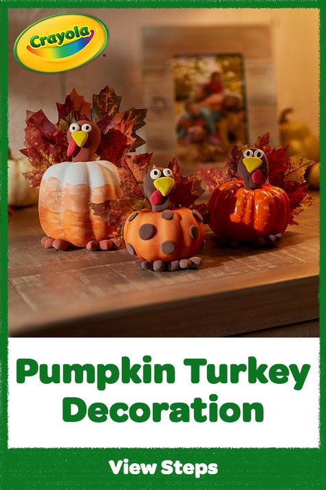 Turkey Pumpkins Craft, Pumpkin Turkey Decoration, Easy Turkey Decorations, Pumpkin Turkey Craft, Turkey Pumpkin Decorating, Diy Turkey Feather Decor, Diy Turkey Centerpieces Thanksgiving, Easy Turkey Centerpiece Craft, Crayola Crafts