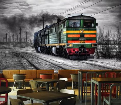 Vintage Wallpaper Retro Train Wall Mural Railway Wall Art Industrial Home Decor Cafe Design Living R Railway Wallpaper, Train Mural, 4d Wallpaper, Living Room Theme, Theme Restaurant, Contemporary Wallpaper Designs, Train Wall Art, Cafe Living Room, Living Room Themes