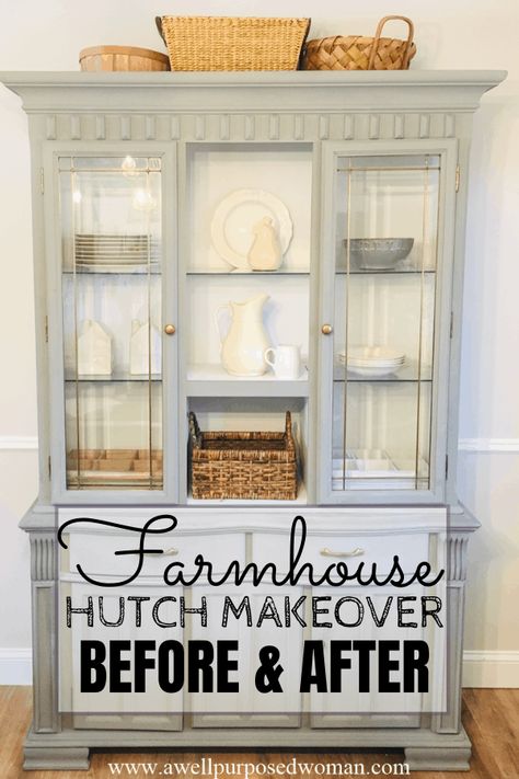 Update Your 1990's Hutch to Modern Farmhouse Style - A Well Purposed Woman Chalk Paint Hutch, Farmhouse Hutch Makeover, China Hutch Makeover, China Hutch Decor, China Cabinet Redo, Dining Room Hutch Makeover, China Cabinet Makeover, Farmhouse Hutch, Painted Hutch