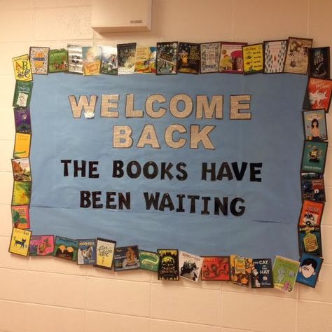 Welcome Back Bulletin Board 2016 School Library Book Displays, School Library Bulletin Boards, School Library Decor, Reading Display, School Library Displays, Library Bulletin Board, Reading Bulletin Boards, Middle School Libraries, Library Themes