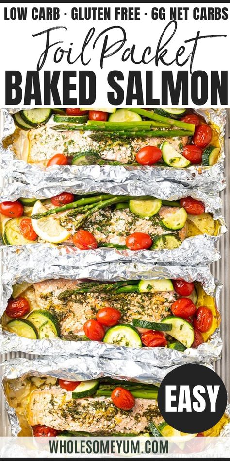 Baked Salmon Foil Packets With Vegetables Recipe - Healthy salmon foil packets with vegetables in 25 minutes! Make delicious & EASY baked salmon foil packets in the oven or salmon foil packets on the grill. #wholesomeyum #keto #lowcarb #dinner #easyrecipe Salmon Foil Packets Oven Asparagus, Salmon Foil Packs In Oven, Salmon Pocket Recipes, Salmon Tin Foil Packet, Salmon In Aluminum Foil, Salmon Hobo Dinner Foil Packets, Baked Fish Recipes Healthy Foil Packets, Healthy Foil Packets For The Grill, Salmon Packets On The Grill