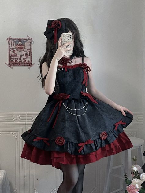 Romantic Contract Gothic Lolita Jumper Dress Set Red Dress Gothic, Red Gothic Dress For Spring, Red Gothic Spring Dresses, Red Velvet Gothic Dress, Red Gothic, Gothic Princess, Sling Dress, Gothic Dress, Lolita Dress