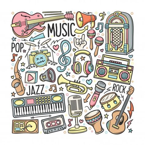 Hand drawn set of music in doodles color | Premium Vector #Freepik #vector #music #hand #cartoon #hand-drawn Music Notes Drawing, Music Doodle, Chalk Ideas, Note Doodles, Music Drawings, Music Illustration, Doodles Drawings, Music Coloring, Doodle Coloring