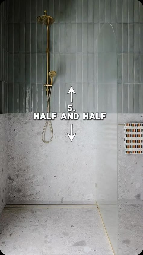 The Bathroom Guide | 10 Tile Trends… ⬇️ 🚀P.S If you want to learn how to create your own bathroom design using our structured design workflow methods… you’ll… | Instagram Elevated Shower Floor, Sunken Shower Ideas, Shower With Pony Wall, Walk In Shower With Wall No Door, Walk In Shower With Half Wall, Kitkat Tiles, Finger Tiles, Natural Stone Tile Bathroom, Half Wall Shower