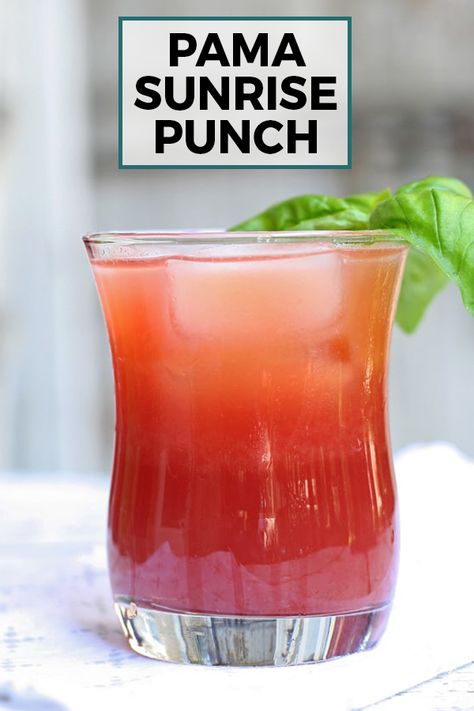 PAMA Sunrise Punch is the perfect party drink! With only 4 ingredients, it is easy to make but so full of flavor that you will want to serve it at every party and brunch you host. Drinks With Pama, Paul Masson Recipes Drinks, Pama Cocktails, Sunrise Punch, Craft Cocktail Recipe, Cocktail Appetizers, Punch Drinks, Craft Cocktail, Seasonal Drinks