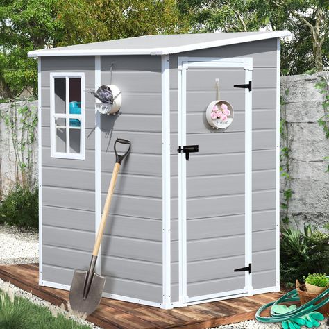 PRICES MAY VARY. 🏡[SPACIOUS OUTDOOR SHED]: 5x4 FT Overall dimensions: 59.4''D x 43.3''W x 75.2''H , Roof Size: 58.1''x 48.4'', Base Size: 54.3'' x 43.3'', Door Size: 25.2 '' x 65.7'', Window Size: 15.2'' x 24.6'' , with sufficient height for an adult to enter. It is a small-sized backyard shed, but large enough to accommodate various household items such as lawnmowers, ladders, trash cans, and folding bikes. It is comfortable to use without feeling cramped. 🏡[SLOPING ROOF&LOCKABLE DOOR&TRANSLU Shipping Container Sheds, Portable Sheds, Sloping Roof, Backyard Storage Sheds, Shed Cabin, Outdoor Storage Shed, Backyard Storage, Tool Shed, Backyard Lawn