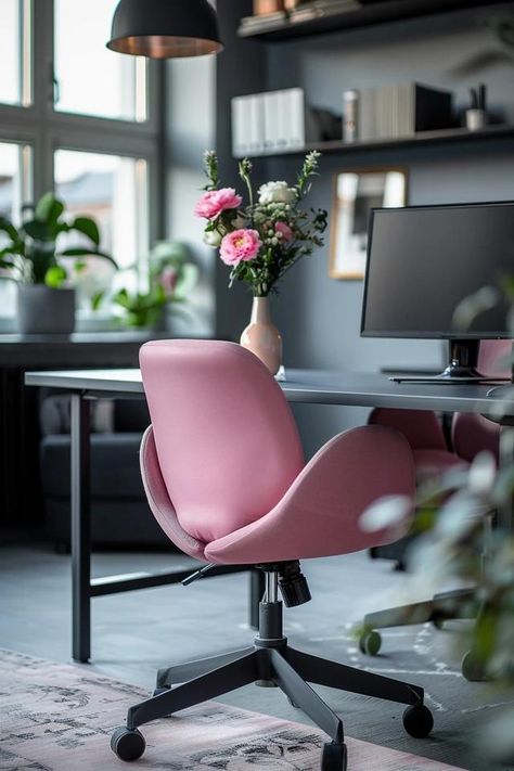 Chic Pink and Grey Office Ideas for Your Workspace Pink And Grey Office Ideas, Pink And Grey Office, Grey Office Ideas, Home Office Pink, Grey Office Decor, Pink Office Decor, Grey Office, Pink Desk, Pink Office