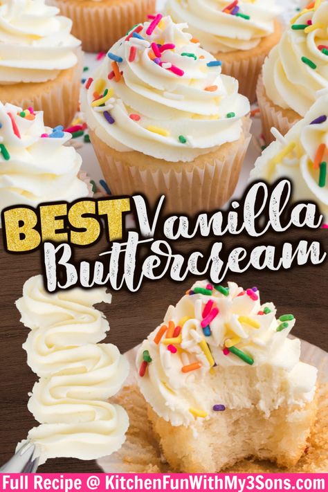 Smooth, rich, and creamy, this Vanilla Buttercream Frosting comes together in just 10 minutes with 4 ingredients. Perfect for piping on cupcakes, frosting cakes, and more. You can even add a bit of food coloring for festive holiday desserts. Cake Add Ins, Best Cupcake Frosting, Cupcake Frosting Recipe, Best Vanilla Buttercream Frosting, Best Vanilla Buttercream, Frosting For Cupcakes, Cupcake Icing Recipe, Ganache Recipes, The Best Buttercream Frosting