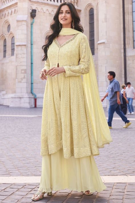 Pastel Yellow Lakhnavi Embroidered Georgette Palazzo Kameez Pastel Yellow Indian Outfit, Bridesmaid Indian Outfits, Yellow Indian Outfit, Lucknowi Embroidery, Bridesmaid Indian, Georgette Palazzo, Anarkali Tops, Beads Work, Palazzo Suit