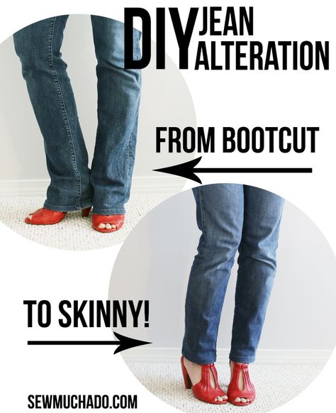 Did you know how easy it is to transform your bootcut jeans into skinnies? How To Taper Jeans, Altering Jeans, Jeans Tutorial, Sewing Jeans, Original Hem, Skirt Diy, Diy Clothes Refashion, Diy Jeans, Flair Jeans