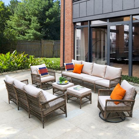 Johnny 11 - Person Outdoor Seating Group with Cushions Courtyard Conservatory, Deck Furniture Layout, Outdoor Sectional Furniture, Central Courtyard, Outdoor Swivel Chair, Swivel Rocking Chair, Patio Conversation Sets, Outdoor Deck Furniture, River Lodge