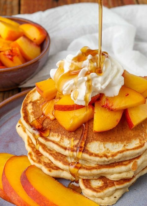 Peaches And Cream Pancakes, Peach Pancakes, Gourmet Pancakes, No Flour Pancakes, Tummy Ache, Peaches N Cream, Pretzels, Bagels, Good Eats