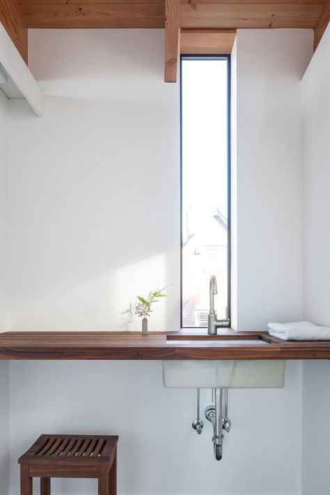 Slot window at bathroom sink. Phinney Ridge Residence. Graham Baba Architecture. Slot Window, Seattle Architecture, Sweet Home Style, Wood Bathroom, Affordable Housing, House Goals, Plumbing Fixtures, Space Planning, Architecture Firm