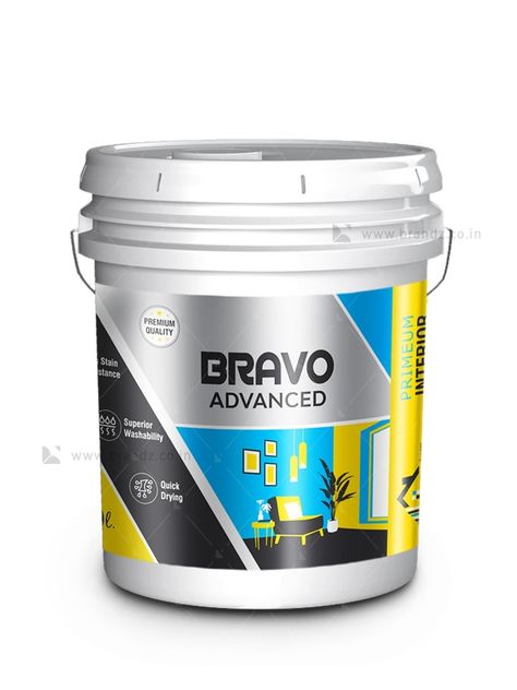 BRAVO Paint Bucket Label - Brandz.co.in Plastic Paint Bucket Ideas, Paint Bucket Ideas, Paint Bucket Design, Packet Design, Survival Food Storage, Brochure Food, Wall Primer, Shape Ideas, Industrial Packaging