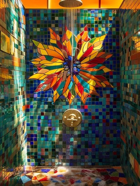 Colorful Tile Showers, Boho Shower Tile, Shower Tile Mosaic, Spanish Tiles Bathroom, Solarpunk Ideas, French Tiles, Upstairs Apartment, Unique Bathroom Tiles, Mosaic Shower Tile