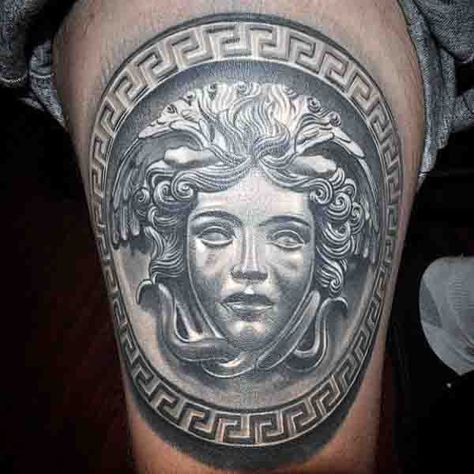 male medusa | 80 Medusa Tattoo Designs For Men - Snakes To Stone Versace Tattoo, See Tattoo, Medusa Tattoo Design, Spartan Tattoo, Thigh Tattoo Designs, Religious Tattoos, Mythology Tattoos, Medusa Tattoo, Geniale Tattoos