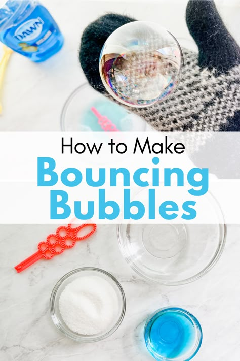 Learn how to make bouncing bubbles with this fun and easy homemade bubbles recipe!  Bounce the bubbles on your hand for hours of bubble fun for kids of all ages! Bubble Stem Activities, Making Bubbles Solution, How To Make Homemade Bubbles, Bubble Recipes For Kids, No Pop Bubbles Recipe, Colored Bubbles How To Make, Magic Bubbles Recipe, Indoor Bubble Activities, Bubble Recipe With Glycerin