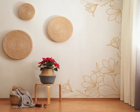 LilinMomo - Etsy Simple Wall Murals, Damask Wall Decals, Drawing Corner, Gold Wall Decals, Floral Line Drawing, Rainbow Wall Decal, Focal Wall, Drawing Wall, Rainbow Room