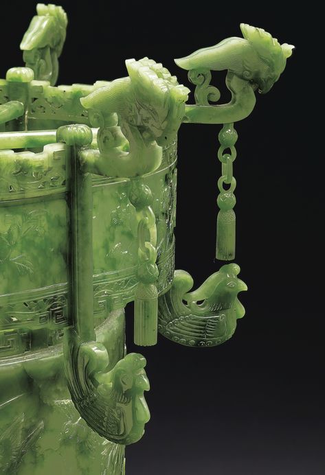 A RARE PAIR OF ELABORATELY CARVED SEMI-TRANSLUCENT GREEN JADE CYLINDRICAL LANTERNS. Christie's Important Chinese Ceramics and Works of Art New York|13 September 2019 Chinese Jade Carving, Matcha Moodboard, Gem Carving, Chinese Arts And Crafts, Egypt Jewelry, Crystal Egg, Chinese Jade, Relief Sculpture, Chinese Ceramics