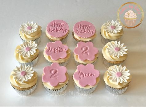 Pink and white flower cupcakes 2nd birthday 2nd Birthday Cupcakes Girl, Cupcakes 2nd Birthday, White Flower Cupcakes, Girl Birthday Cupcakes, Twin Birthday Cakes, Rugs Ideas, Pretty Cupcakes, Girl Cupcakes