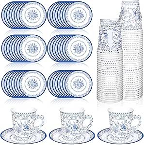 Whaline 80Pcs Blue White Floral Paper Tea Cups and Saucers Porcelain Chinoiserie Flower 9oz Disposable Teacups with Handle and Dessert Plates for Wedding Princess Baby Shower Birthday Spring Tea Party Baby Shower Afternoon Tea, Plates For Wedding, Paper Tea Cups, Spring Tea Party, Bridal Tea Party, Baby Shower Tea, Tea Cups And Saucers, Blue And White Chinoiserie, Spring Tea