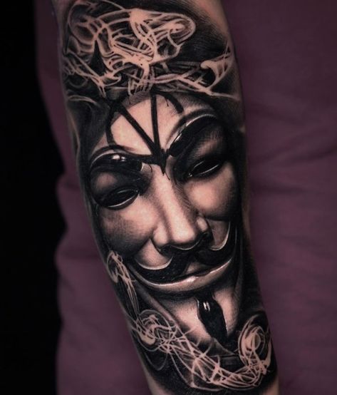 Outer Bicep Tattoo Men Sleeve, V For Vendetta Tattoo, Outer Bicep Tattoos, Anonymous Tattoo, Vendetta Tattoo, Mens Owl Tattoo, V Pour Vendetta, Portrait Tattoo Sleeve, Scottish Tattoos