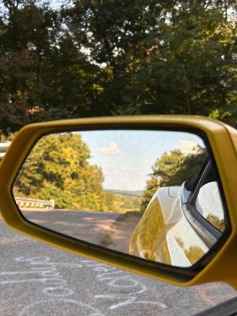 #mirror #reflection #road #yellow #aesthetic #trees #carmirror #carpictures Aesthetic Trees, Yellow Mirror, Yellow Mirrors, Mirror Reflection, Yellow Aesthetic, Car Mirror, Car Pictures, Vision Board, Trees