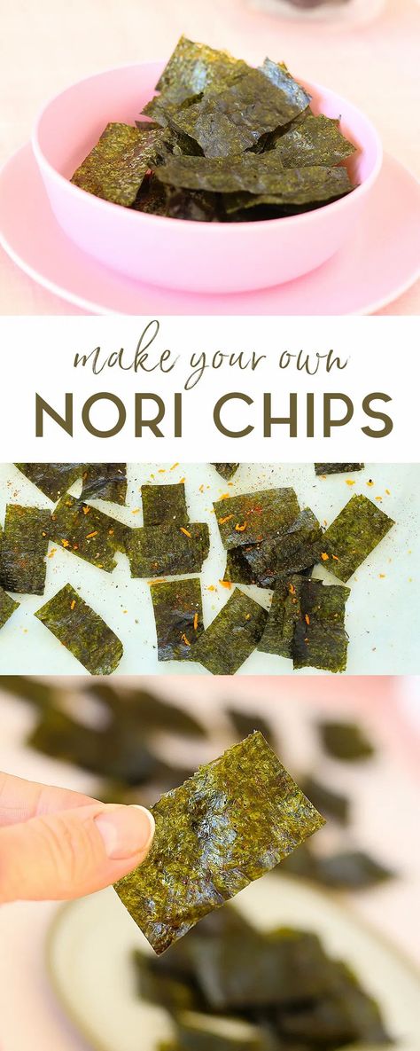 make your own Nori Chips with just seaweed sheets, soy sauce and sesame oil | Kids Eat by Shanai Nori Recipes, Nori Chips, Nourishing Snacks, Nori Recipe, Seaweed Chips, Grain Free Snacks, Seaweed Snacks, Kids Schedule, Crunchy Snack