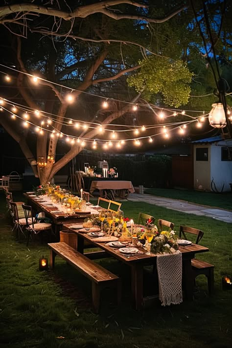 Outdoor dining setup with a long wooden table adorned with flowers and lights strung above, creating a cozy evening ambiance under a large tree. Backyard Family Dinner Party, Dinner Outdoor Party, Night Outdoor Party Decor Lighting Ideas, Outdoor Patio Birthday Party Ideas, Birthday Decoration Ideas Outdoor, Backyard Housewarming Party, Patio Party Ideas Outdoor, Outside Dinner Party Backyards, Backyard Setup Ideas