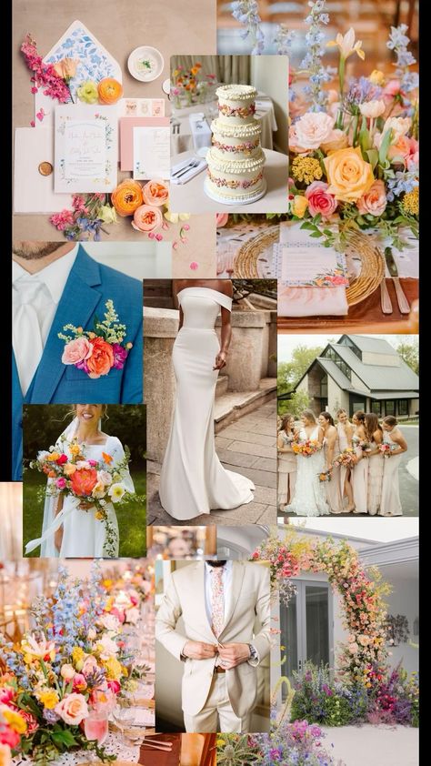 wedding wildflower 2025 bridetobe 2025bride Vibrant Wildflower Wedding, Fall Bright Wedding Colors, Wild Flower Wedding Theme Decor, Bright Bridal Party, Colorful Wedding Palate, June Backyard Wedding, 70s Wildflower Wedding, Bright Colors Wedding Theme, Wildflower Wedding Bridal Party